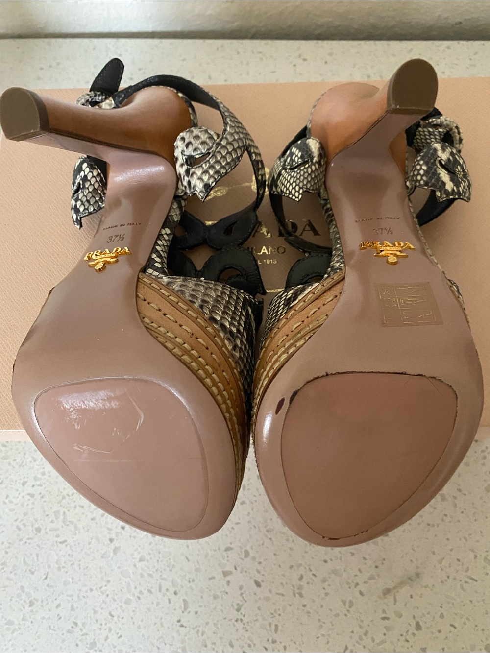 Prada Black and Cream Snakeskin-Effect Platform Heels - Picture 12 of 16